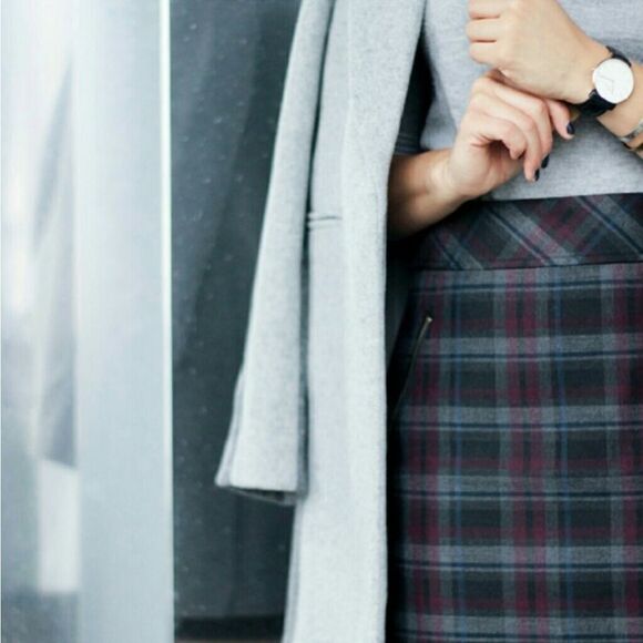 Loft Plaid Academia Gray Black Purple Zippers Mini Above Knee Career Skirt 0 XS - Picture 3 of 9